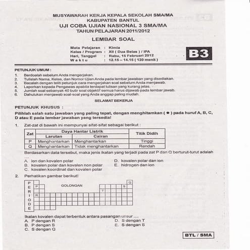 Soal Uji Coba UN 2012 Paket B3 Kab.Bantul
