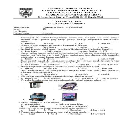 Soal Ujian Sekolah Mata Pelajaran TIK Tahun 2011/2012