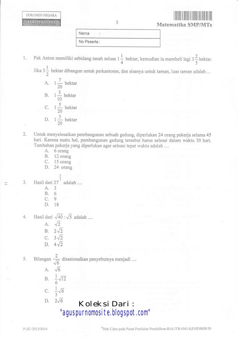 Soal un matematika smp 2014 paket 6 Soal un matematika smp 2014 paket 6