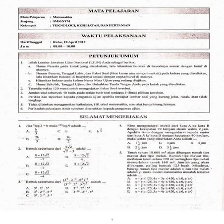 Soal UN SMK 2012 Matematika TKP