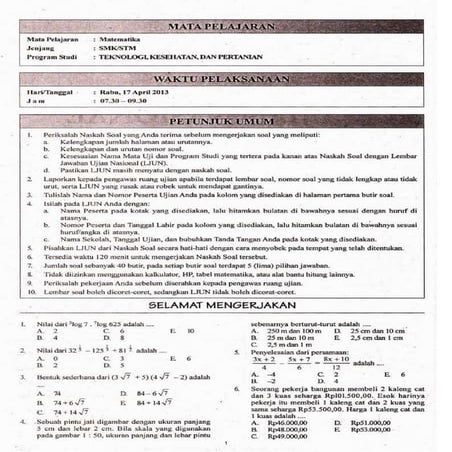 Soal UN SMK 2013 Matematika TKP