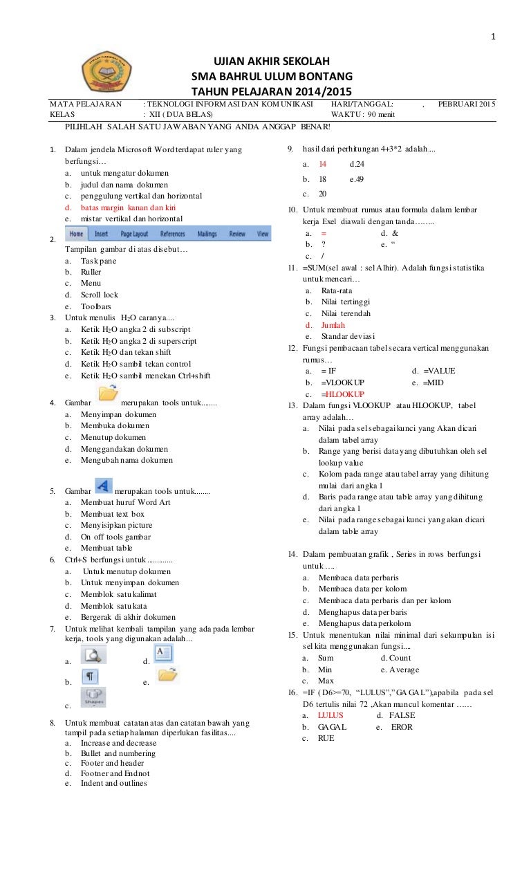 Soal us tik kelas XII 20142015 SMA Bahrul Ulum Bontang