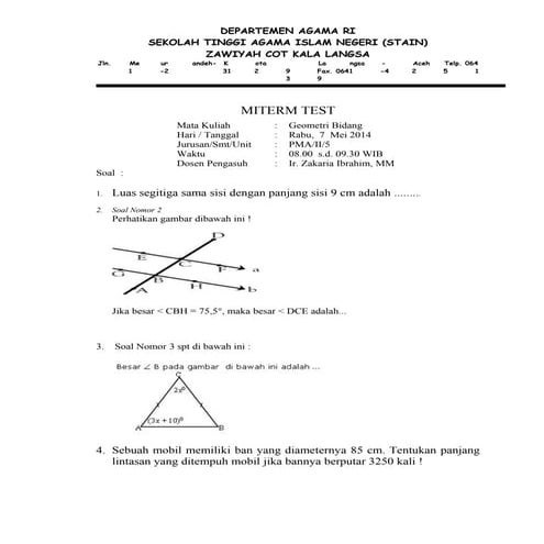 Soal uts geometri bidang miterm unit 5 thn 2014 | DOC