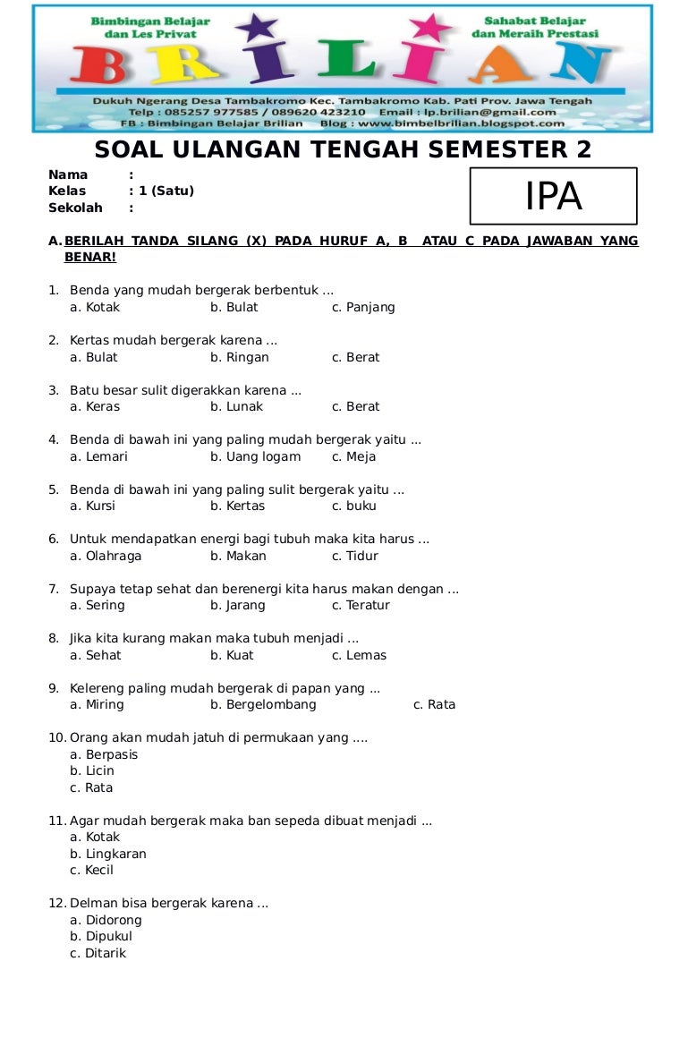 Soal uts ipa kelas 1 sd semester 2