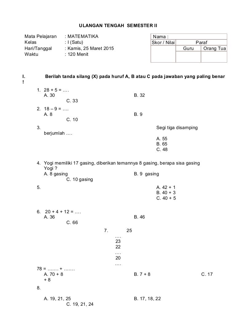 Soal uts ktsp matematika kelas 1 sd semester 2
