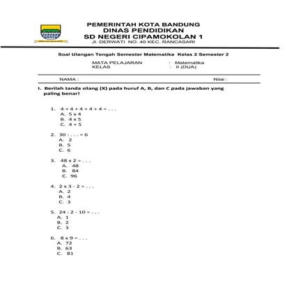 Soal uts matematika kelas 2 semester 2