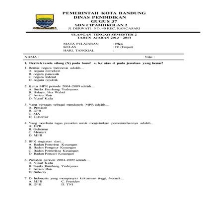Soal uts pkn kelas 4 semester 2