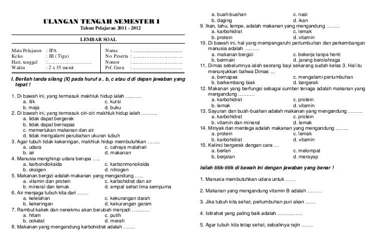 Soal Uts Semester I Kelas 3 Ipa