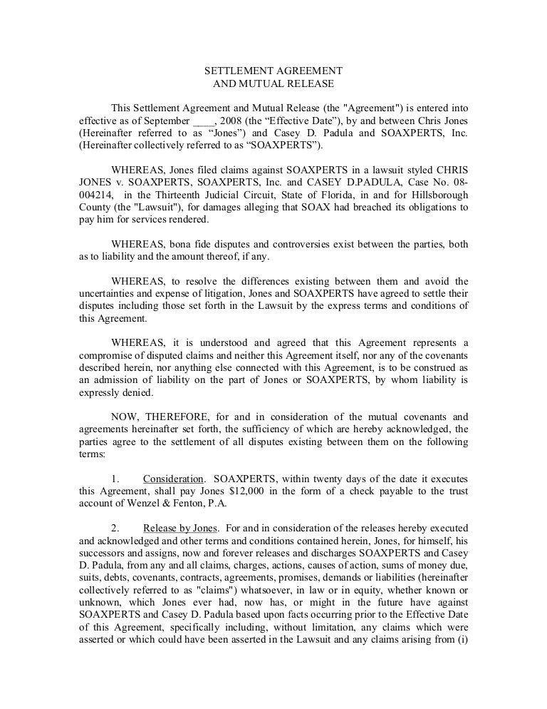 mutual release of claims under fontanacountryinn com sample settlement agreement and release