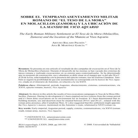 Sobre el tempano asentamiento militar romano de el teso de la mora en molacil...
