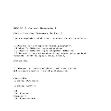   SOC 2010, Cultural Geography 1 Course Learning Out