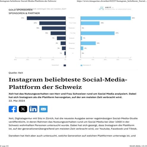 Instagram beliebteste Social-Media-Plattform der Schweiz