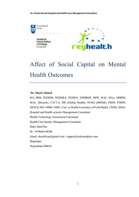 Affect of Social Capital on Mental Health Outcomes