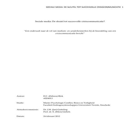 Sociale media: De sleutel tot succesvolle crisiscommunicatie? “Een onderzoek ...