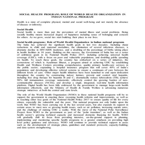 Social health program; role of world health organization in Indian national p...