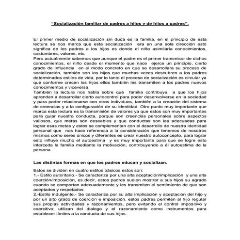 Socialización familiar de padres a hijos y de hijos a padres