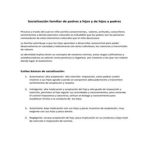 Socialización familiar de padres a hijos y de hijos a padres