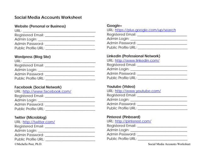 Social media accounts worksheet