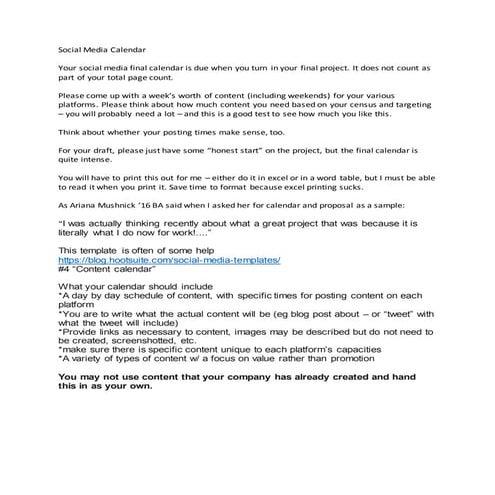 Social media calendar assignment