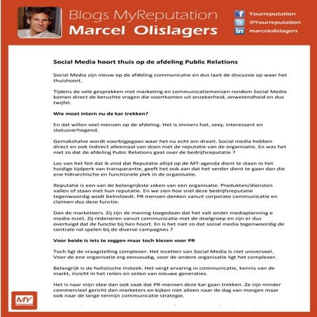 Social Media hoort thuis op de afdeling Public Relations
