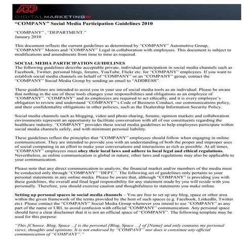 Social Networking Policy  Dealer Template 2010 V3