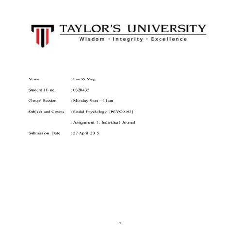 FNBE0814 Social Psychology P.01 Individual Journal