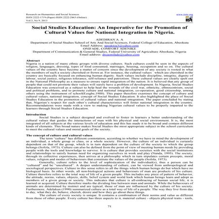 Social studies education an imperative for the promotion of cultural values f...
