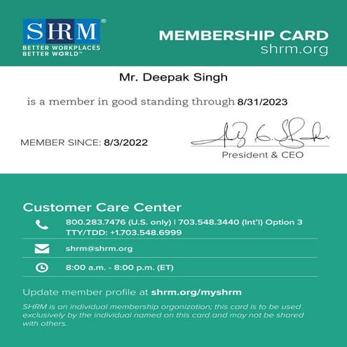 Society of Human Resource Management Membership Card Deepak Danny Singh ...