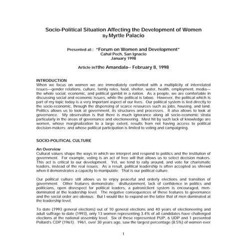 Belize:  Socio Political Situation Affecting the Development of Women