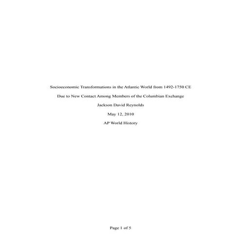 Socioeconomic Transformations in the Atlantic World from 1492 1750 CE Due to ...