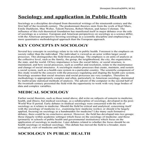 Sociology and application in public health