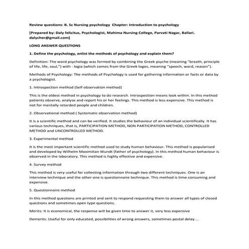 Review questions for Nursing psychology - Introduction to psychology 