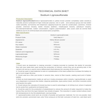 Sodium lignosulfonate grade three technical data sheet(gac na ls-3) | PDF