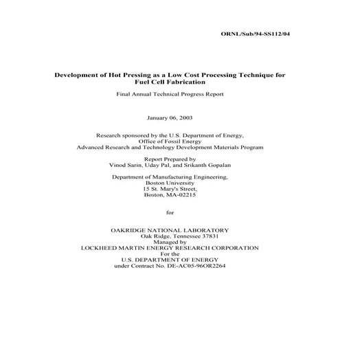 ORNL/Sub/94-SS112/04 Development of Hot Pressing as a Low Cost Processing Tec...
