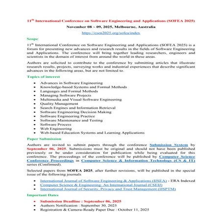 11th International Conference on Software Engineering and Applications (SOFEA 2025)