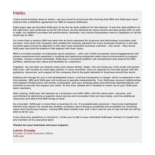 SoftLayer customer notice of IBM acquisition