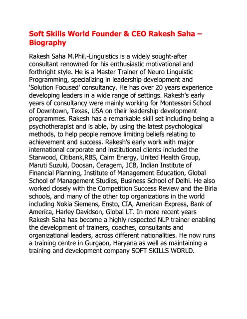 Soft skills world founder & ceo  rakesh saha-biography