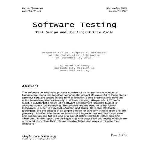 Software Testing: Test Design and the Project Life Cycle