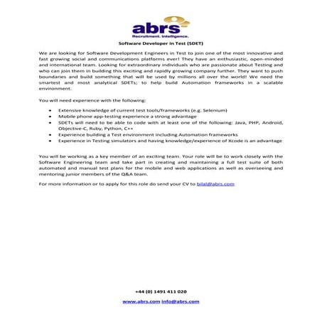 Software developer in test sdet