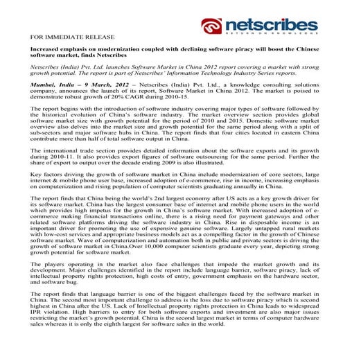 Market Research Report :  Software Market in China 2012