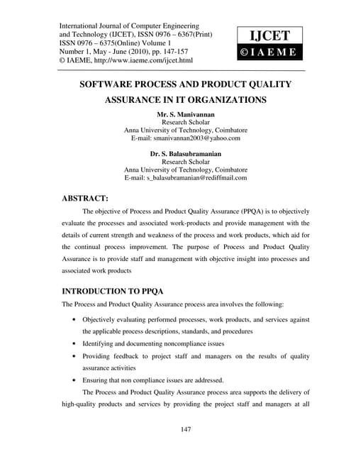 Software process and product quality assurance in it organizations