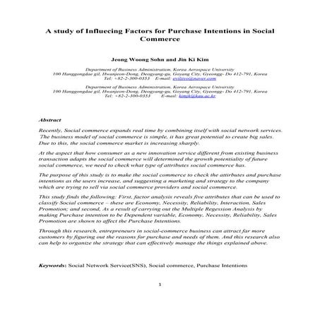 Sohn&kim(2012) a study of influecing factors for purchase intentions in social commerce