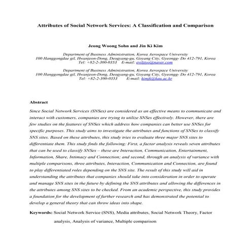 Sohn&kim(2012) attributes of social network services a classification and com...