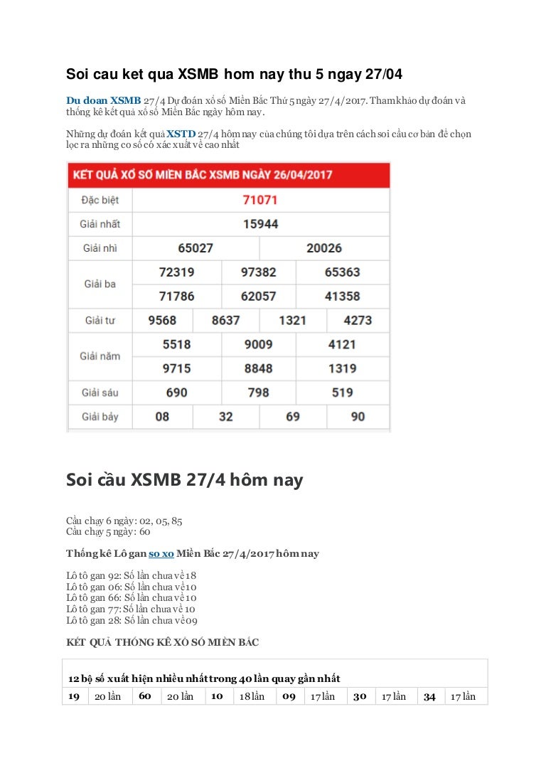 Soi cau ket qua xsmb hom nay thu 5 ngay 27 - 04