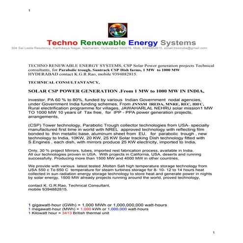 SOLAR ENERGY CSP TECHNOLOGY TECHNICAL CONSULTANT