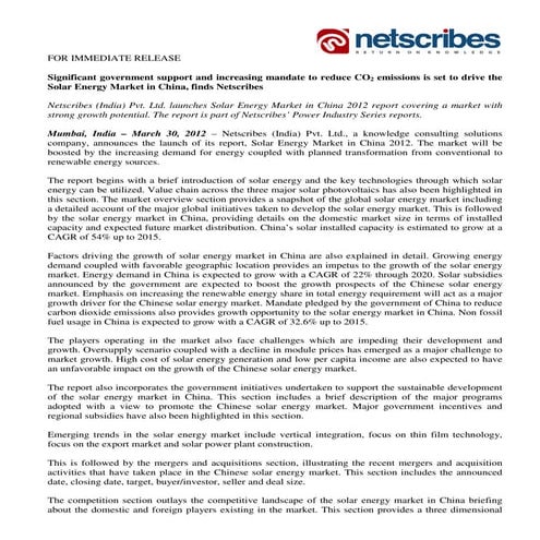 Market Research Report : Solar energy market in china 2012