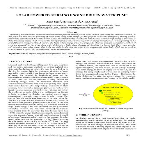 Solar powered stirling engine driven water pump
