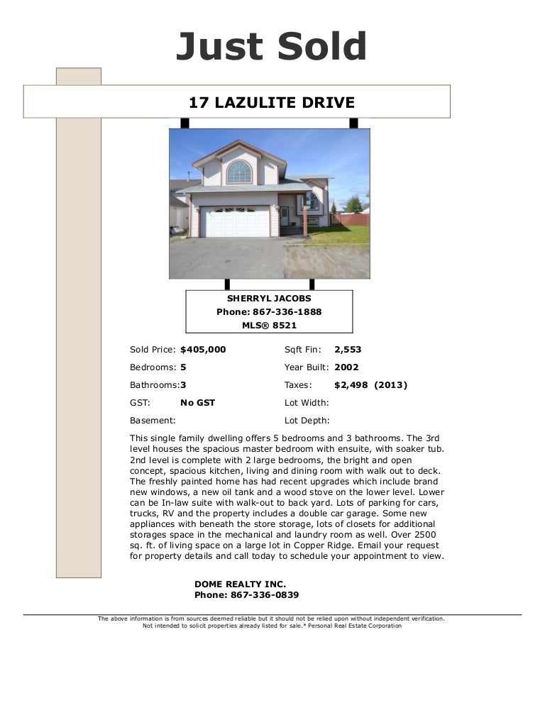 Sold dome realty whitehorse real estate 17 lazulite drive