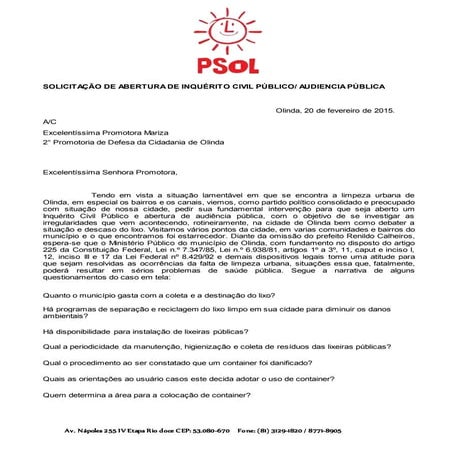 PSOL quer que MPPE apure descaso com limpeza urbana em Olinda