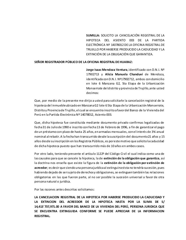 Solicito cancelación registral de la hipoteca por caducidad